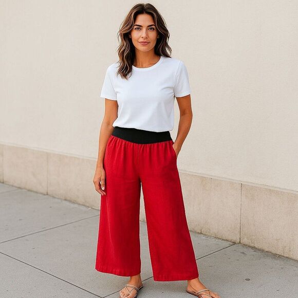 Linen Wide Leg Pants from Italy Stretch Waist Cranberry Red Large La Santilla EC - Picture 2 of 16